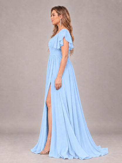 Light Blue Beautiful BridesmaidV-Neck Lace-Up Back Chiffon Bridesmaid Dress with Slit