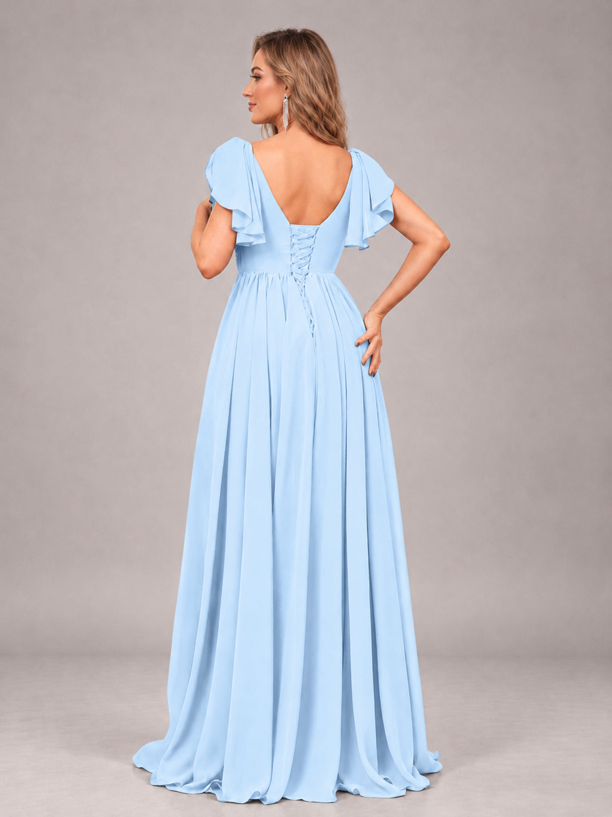 Light Blue Beautiful BridesmaidV-Neck Lace-Up Back Chiffon Bridesmaid Dress with Slit
