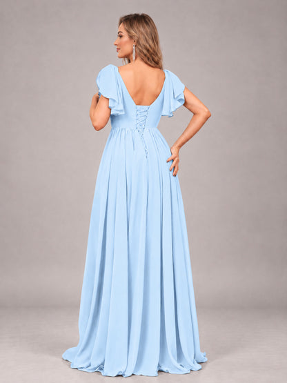 Light Blue Beautiful BridesmaidV-Neck Lace-Up Back Chiffon Bridesmaid Dress with Slit