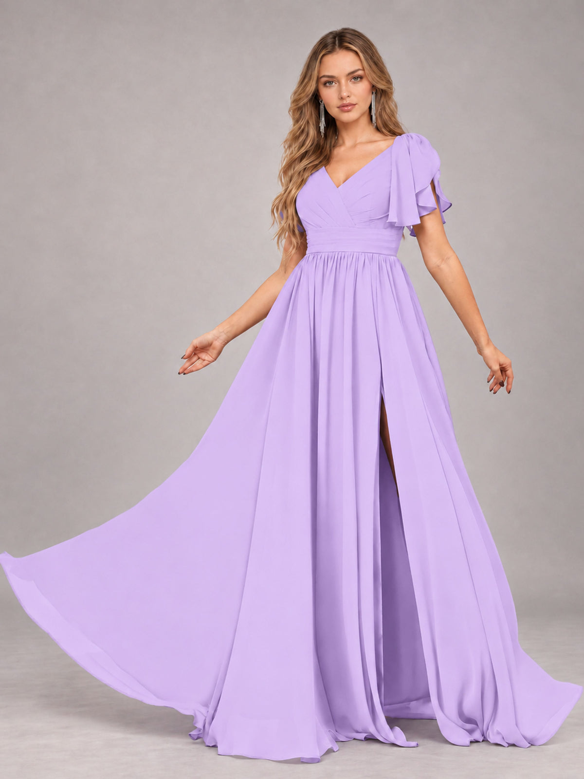Lilac Beautiful BridesmaidV-Neck Lace-Up Back Chiffon Bridesmaid Dress with Slit