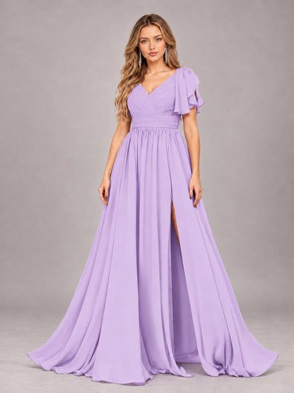 Lilac Beautiful BridesmaidV-Neck Lace-Up Back Chiffon Bridesmaid Dress with Slit