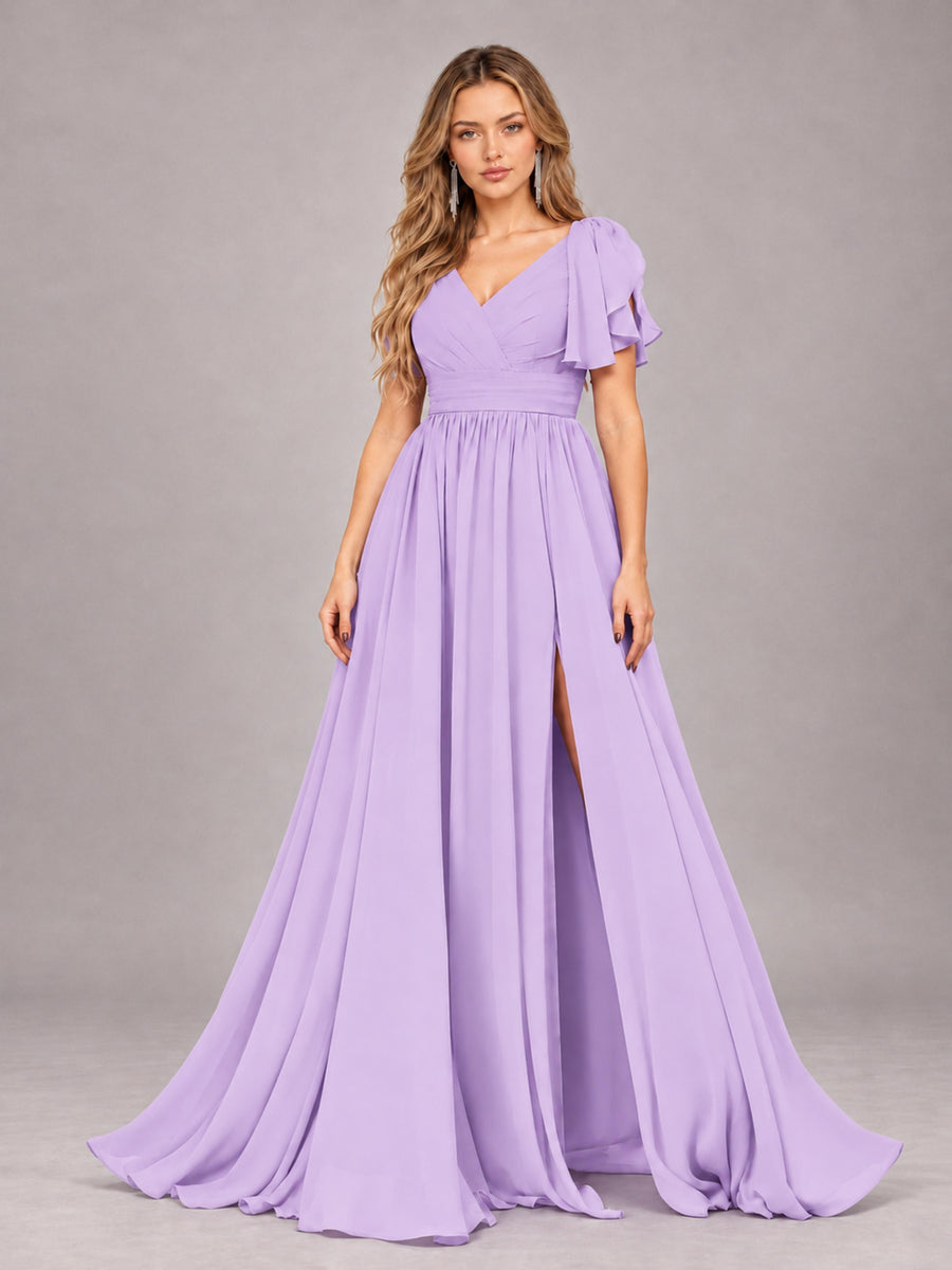 Lilac Beautiful BridesmaidV-Neck Lace-Up Back Chiffon Bridesmaid Dress with Slit