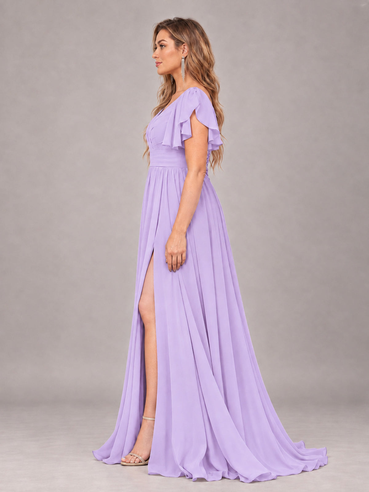 Lilac Beautiful BridesmaidV-Neck Lace-Up Back Chiffon Bridesmaid Dress with Slit