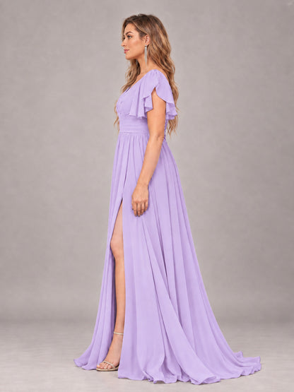 Lilac Beautiful BridesmaidV-Neck Lace-Up Back Chiffon Bridesmaid Dress with Slit
