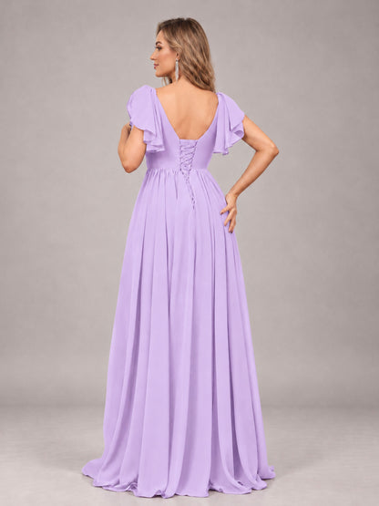 Lilac Beautiful BridesmaidV-Neck Lace-Up Back Chiffon Bridesmaid Dress with Slit