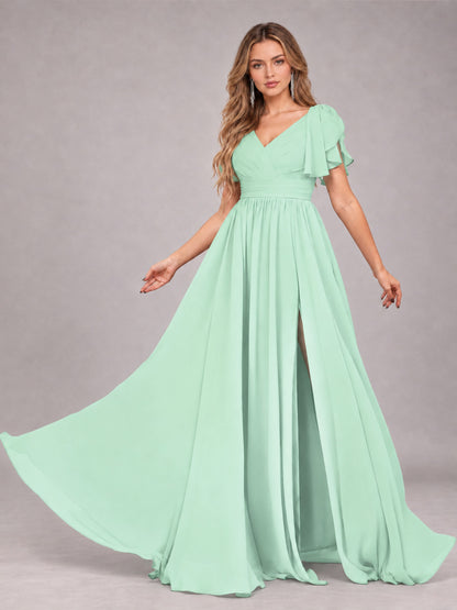 Mint Green Beautiful BridesmaidV-Neck Lace-Up Back Chiffon Bridesmaid Dress with Slit