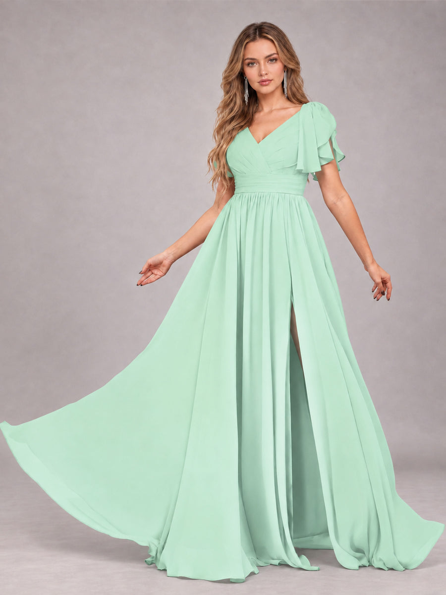 Mint Green Beautiful BridesmaidV-Neck Lace-Up Back Chiffon Bridesmaid Dress with Slit
