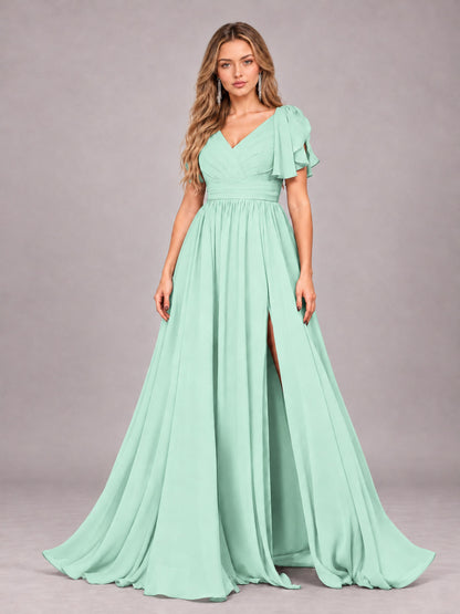 Mint Green Beautiful BridesmaidV-Neck Lace-Up Back Chiffon Bridesmaid Dress with Slit
