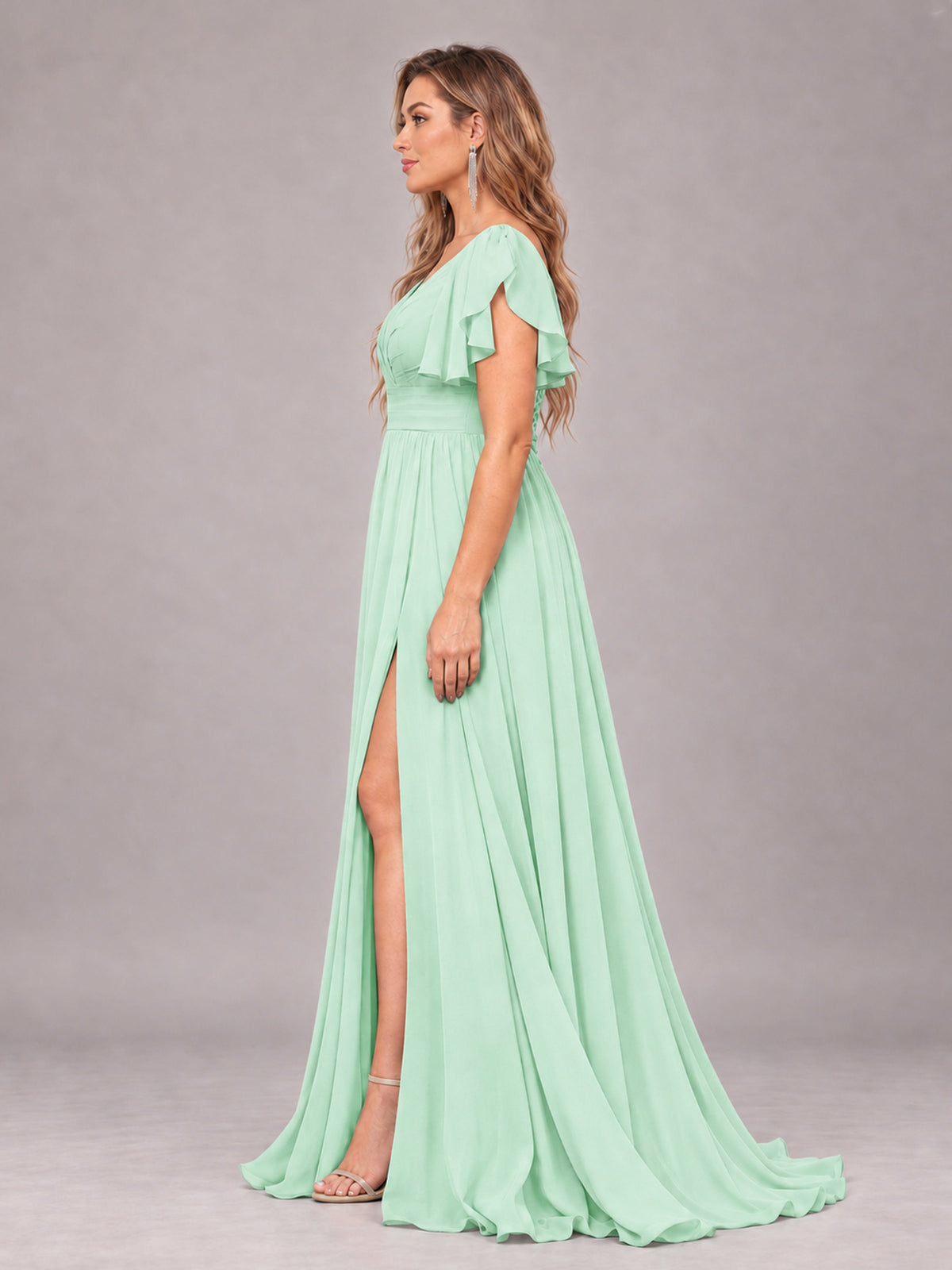 Mint Green Beautiful BridesmaidV-Neck Lace-Up Back Chiffon Bridesmaid Dress with Slit