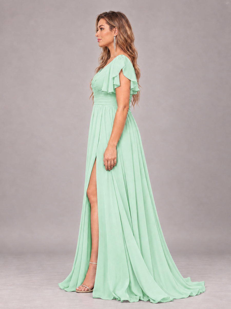 Mint Green Beautiful BridesmaidV-Neck Lace-Up Back Chiffon Bridesmaid Dress with Slit