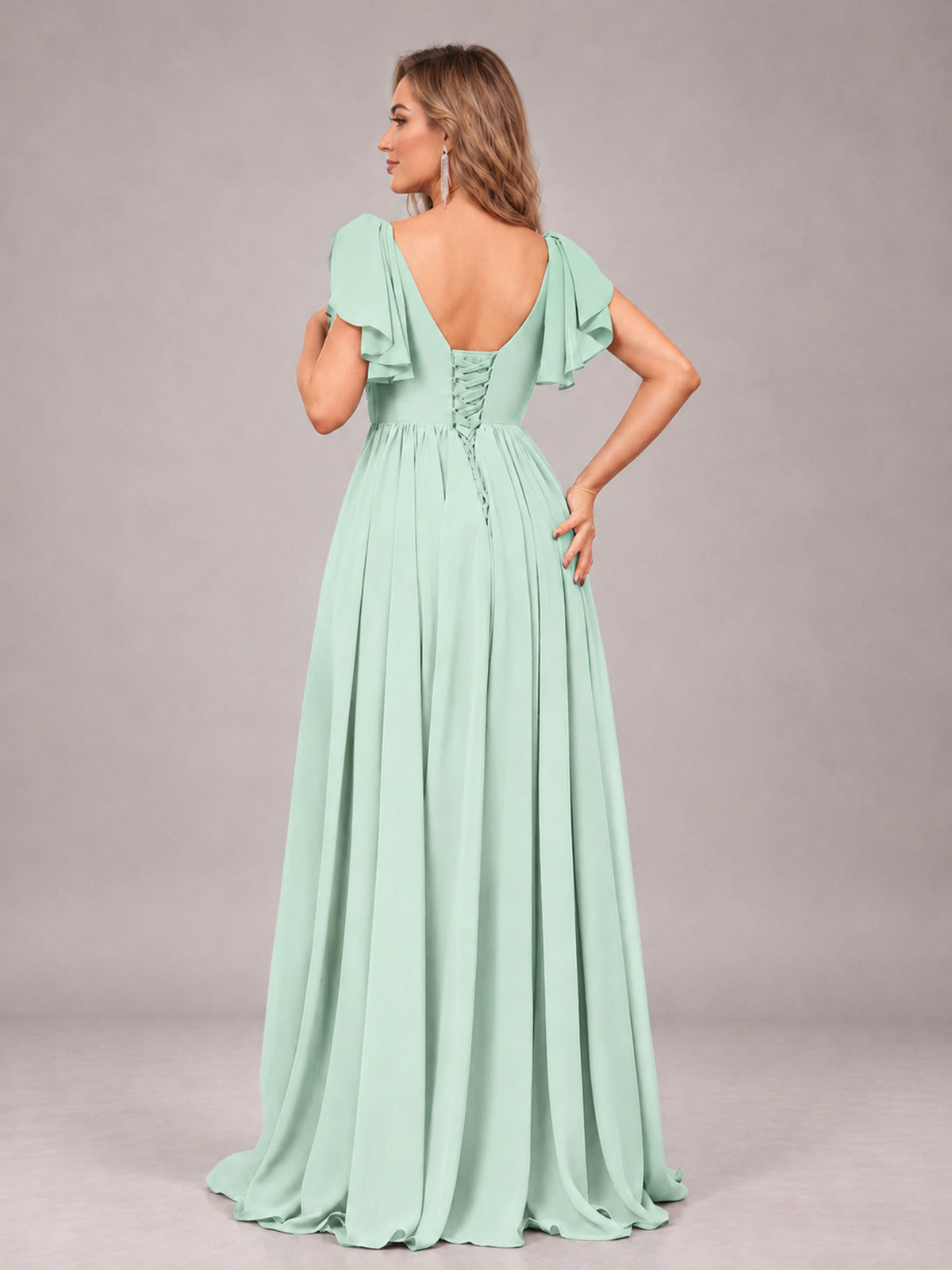 Mint Green Beautiful BridesmaidV-Neck Lace-Up Back Chiffon Bridesmaid Dress with Slit
