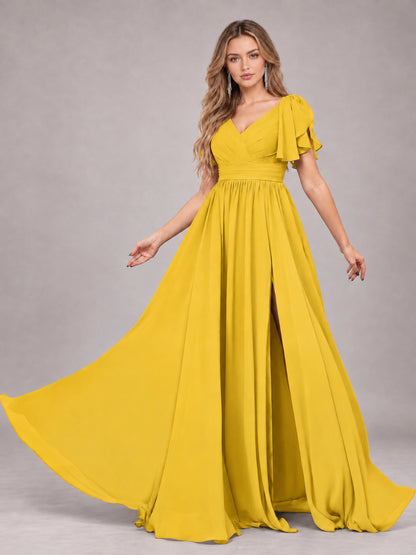 Mustard Yellow Beautiful BridesmaidV-Neck Lace-Up Back Chiffon Bridesmaid Dress with Slit