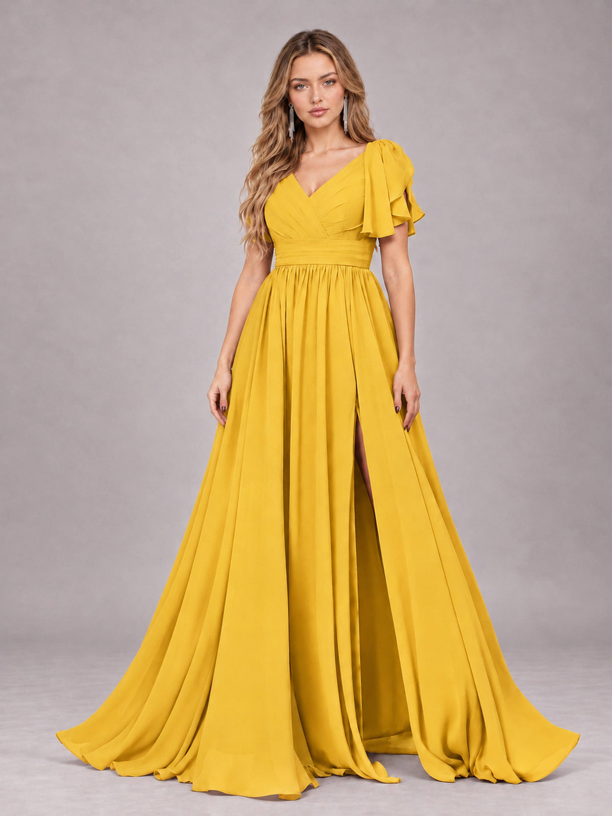 Mustard Yellow Beautiful BridesmaidV-Neck Lace-Up Back Chiffon Bridesmaid Dress with Slit