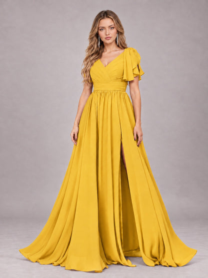 Mustard Yellow Beautiful BridesmaidV-Neck Lace-Up Back Chiffon Bridesmaid Dress with Slit
