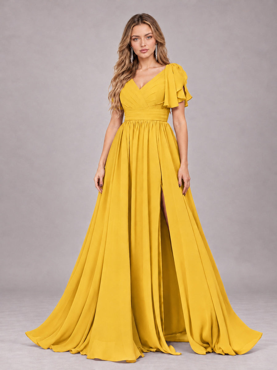 Mustard Yellow Beautiful BridesmaidV-Neck Lace-Up Back Chiffon Bridesmaid Dress with Slit
