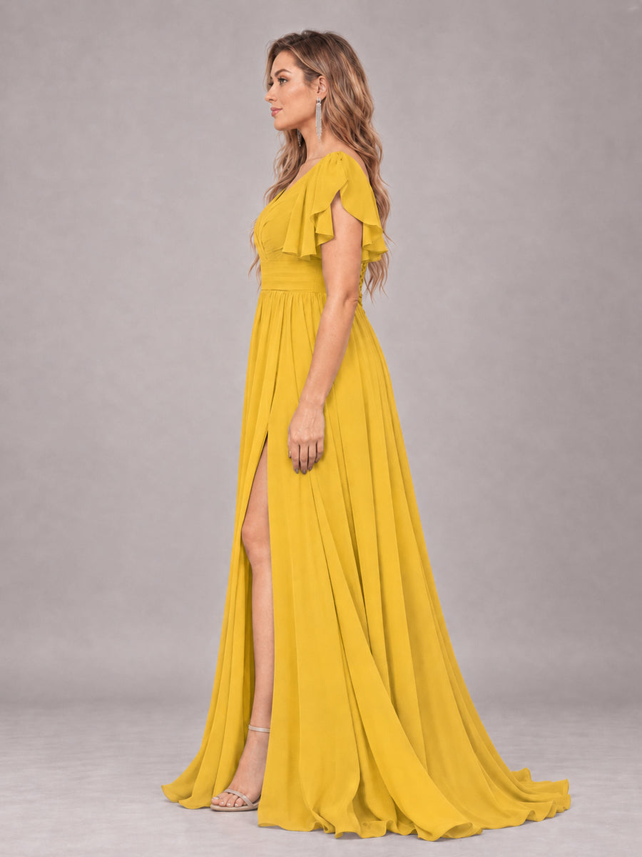 Mustard Yellow Beautiful BridesmaidV-Neck Lace-Up Back Chiffon Bridesmaid Dress with Slit