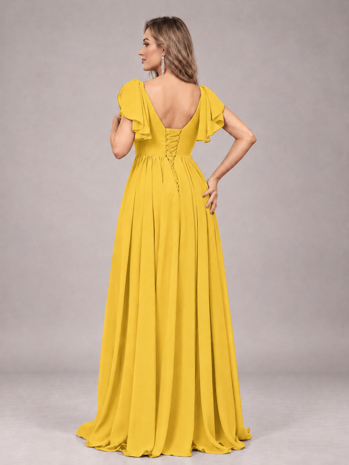 Mustard Yellow Beautiful BridesmaidV-Neck Lace-Up Back Chiffon Bridesmaid Dress with Slit