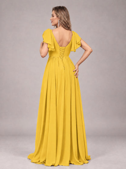 Mustard Yellow Beautiful BridesmaidV-Neck Lace-Up Back Chiffon Bridesmaid Dress with Slit