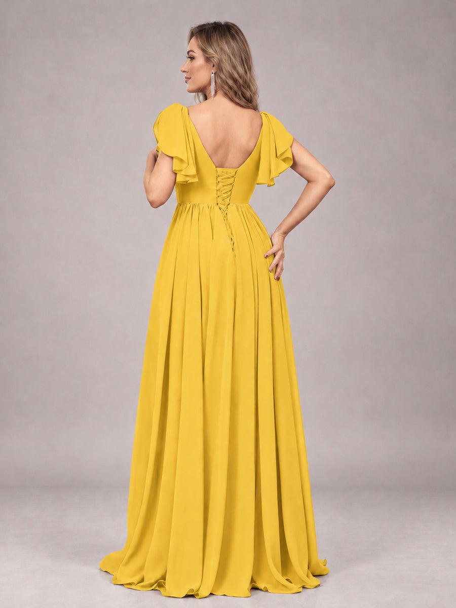 Mustard Yellow Beautiful BridesmaidV-Neck Lace-Up Back Chiffon Bridesmaid Dress with Slit