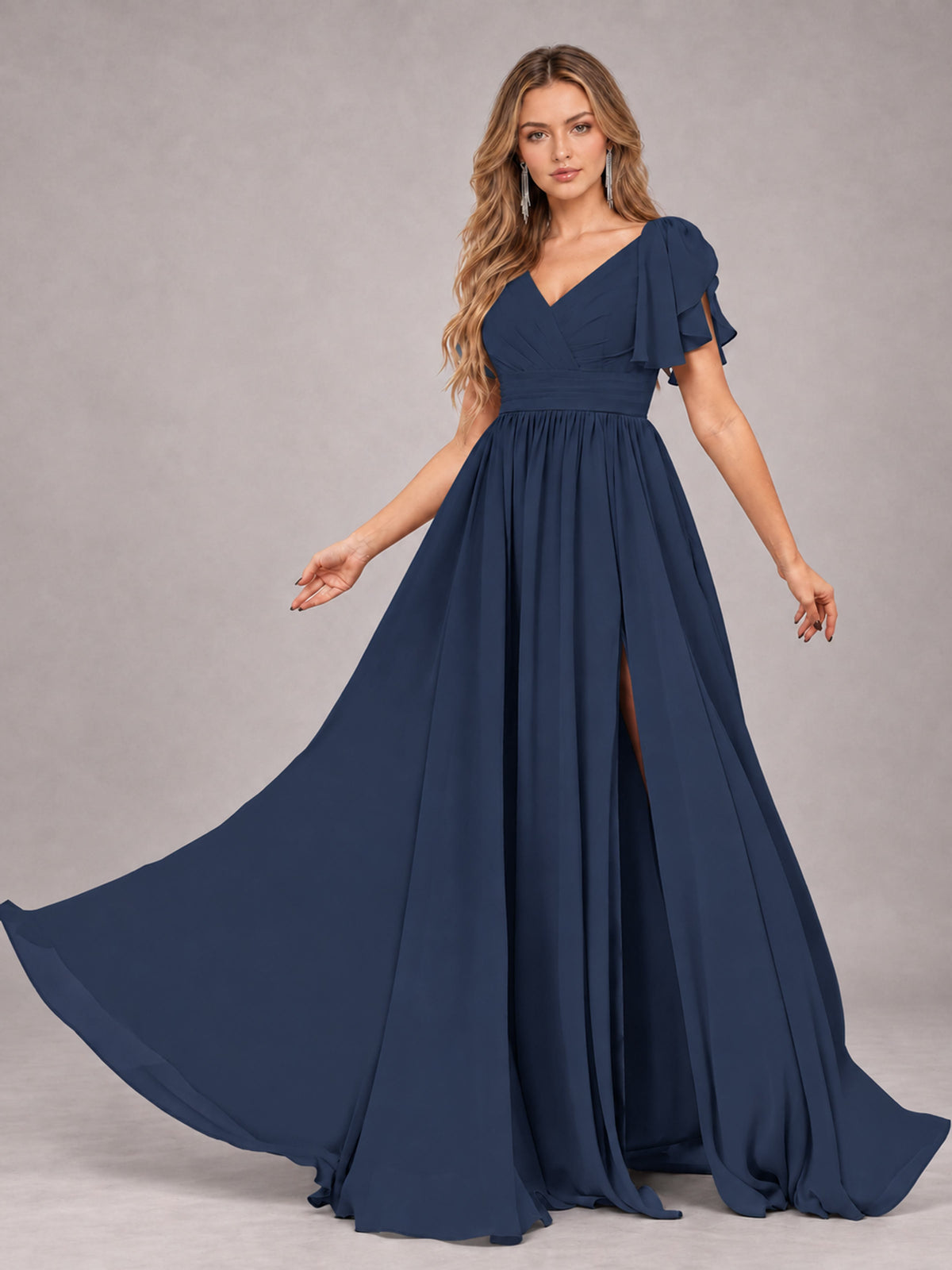 Navy Blue Beautiful BridesmaidV-Neck Lace-Up Back Chiffon Bridesmaid Dress with Slit