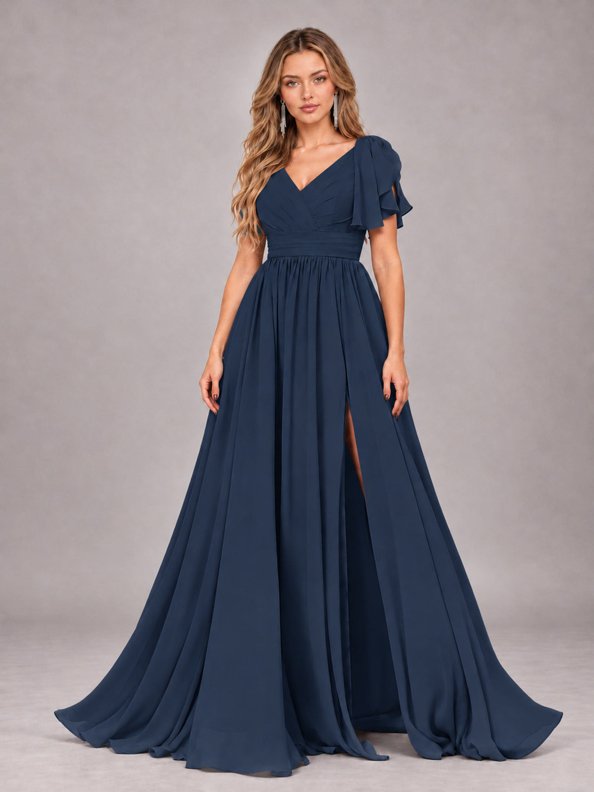 Navy Blue Beautiful BridesmaidV-Neck Lace-Up Back Chiffon Bridesmaid Dress with Slit