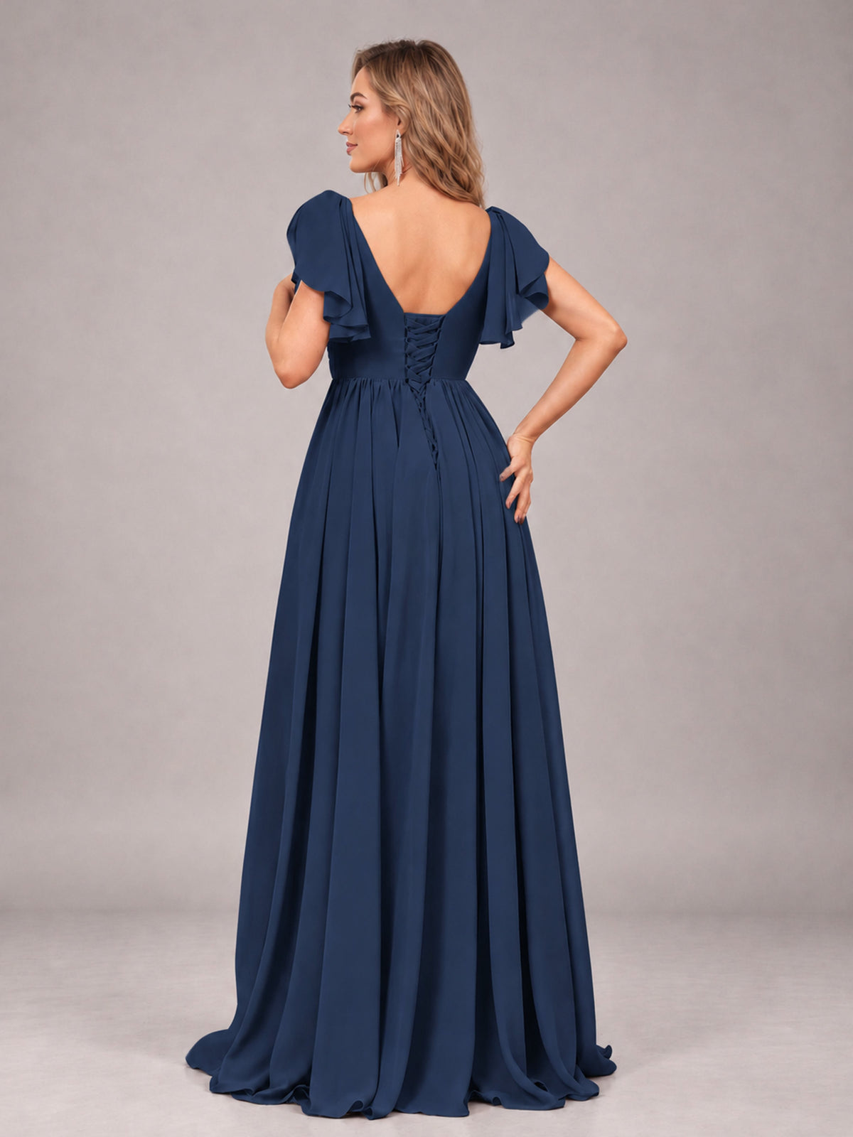 Navy Blue Beautiful BridesmaidV-Neck Lace-Up Back Chiffon Bridesmaid Dress with Slit