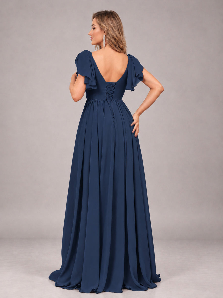 Navy Blue Beautiful BridesmaidV-Neck Lace-Up Back Chiffon Bridesmaid Dress with Slit