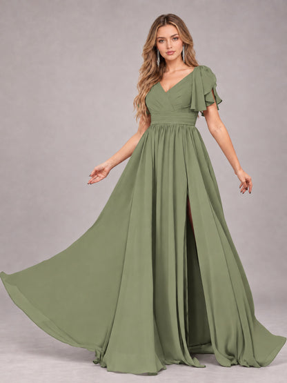 Olive Green Beautiful BridesmaidV-Neck Lace-Up Back Chiffon Bridesmaid Dress with Slit