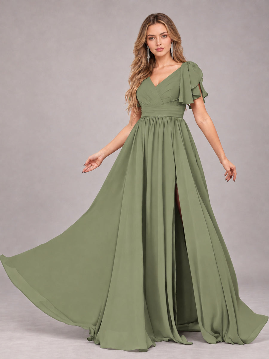 Olive Green Beautiful BridesmaidV-Neck Lace-Up Back Chiffon Bridesmaid Dress with Slit