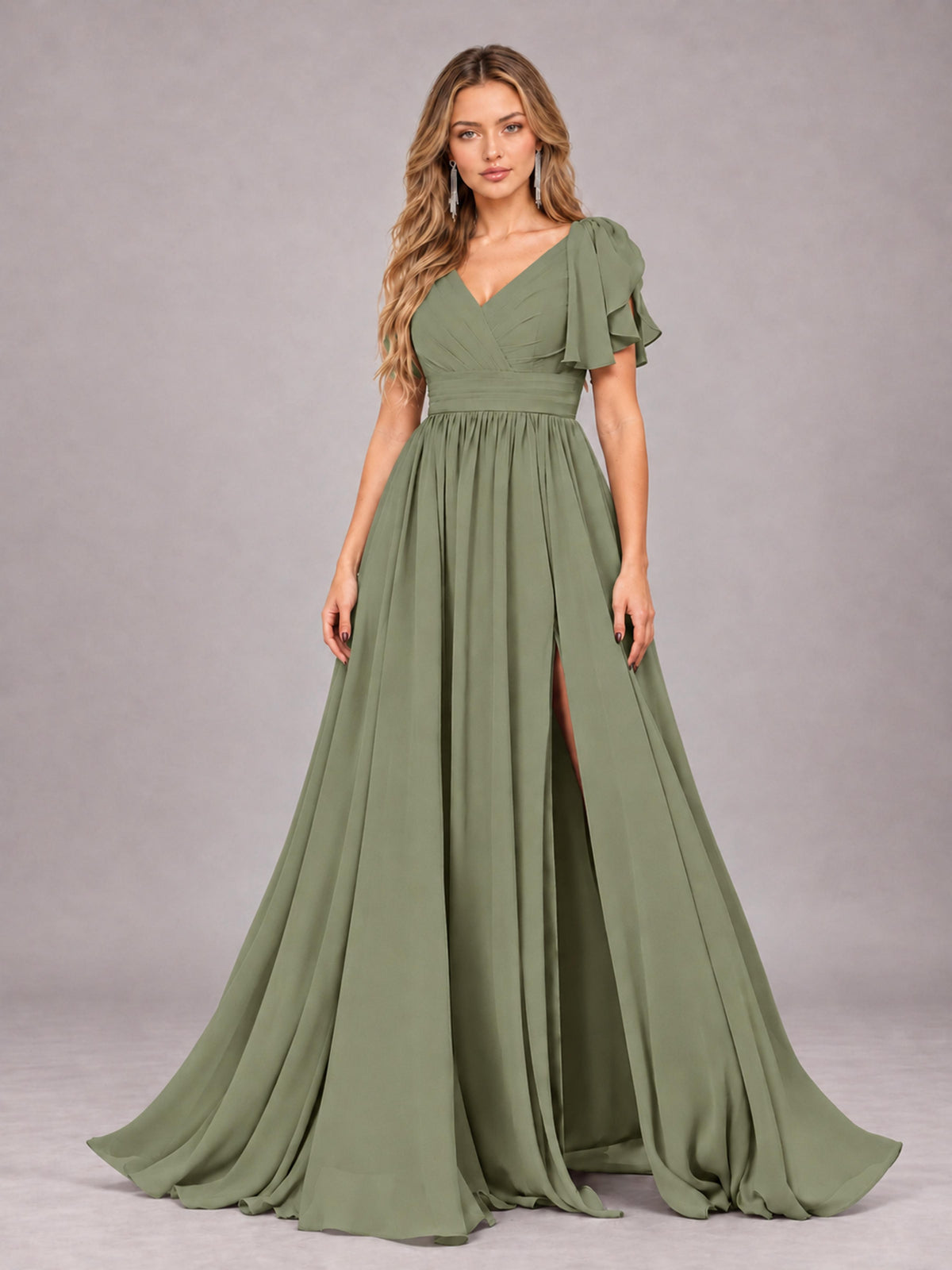 Olive Green Beautiful BridesmaidV-Neck Lace-Up Back Chiffon Bridesmaid Dress with Slit