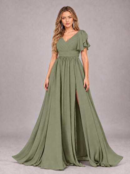 Olive Green Beautiful BridesmaidV-Neck Lace-Up Back Chiffon Bridesmaid Dress with Slit