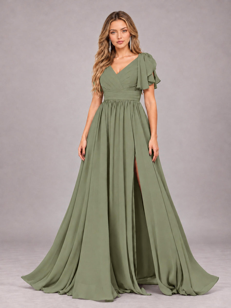 Olive Green Beautiful BridesmaidV-Neck Lace-Up Back Chiffon Bridesmaid Dress with Slit