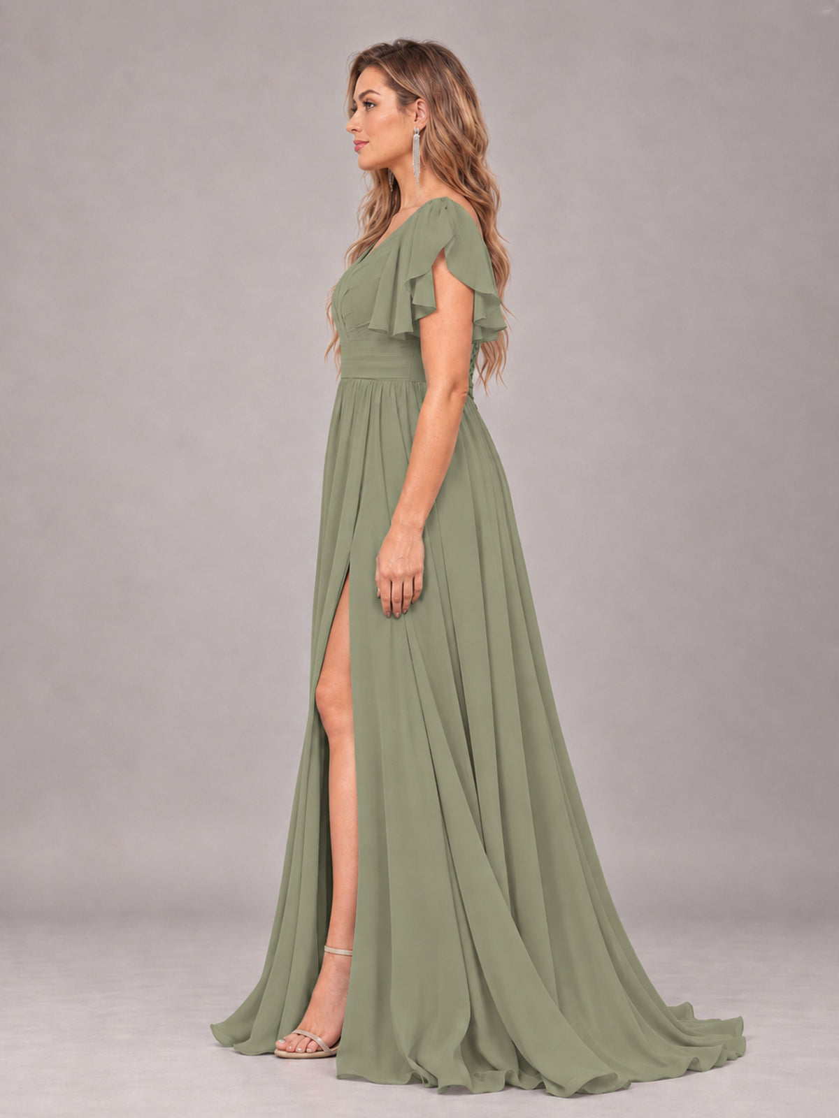 Olive Green Beautiful BridesmaidV-Neck Lace-Up Back Chiffon Bridesmaid Dress with Slit