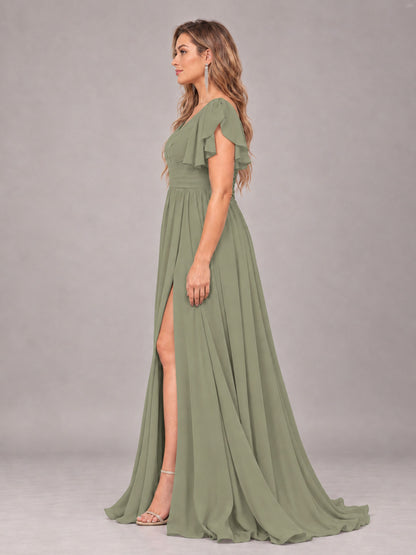 Olive Green Beautiful BridesmaidV-Neck Lace-Up Back Chiffon Bridesmaid Dress with Slit