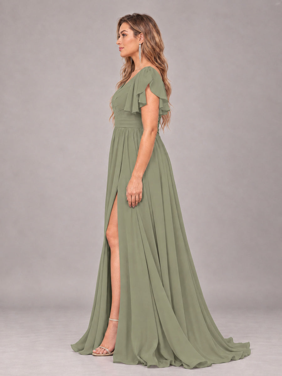 Olive Green Beautiful BridesmaidV-Neck Lace-Up Back Chiffon Bridesmaid Dress with Slit