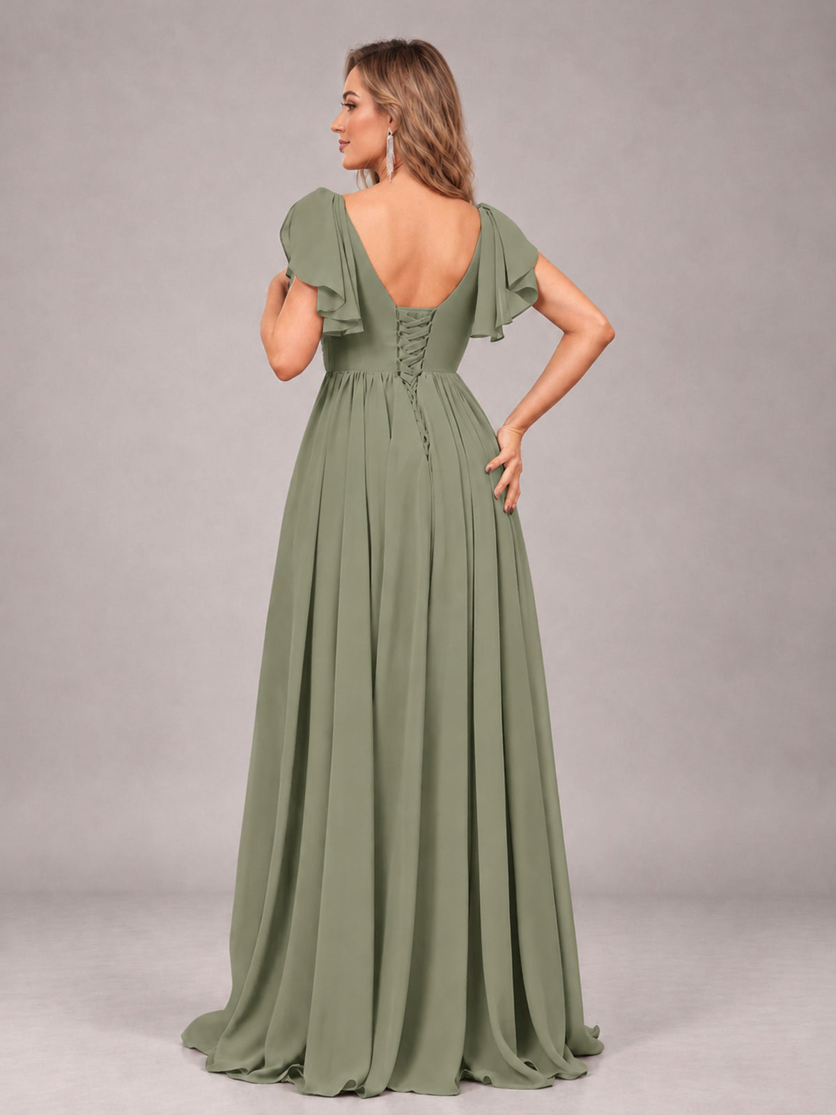 Olive Green Beautiful BridesmaidV-Neck Lace-Up Back Chiffon Bridesmaid Dress with Slit