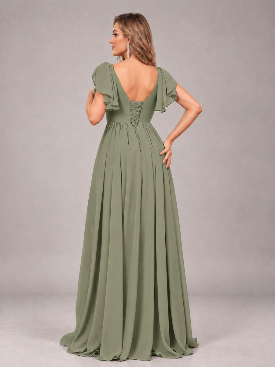 Olive Green Beautiful BridesmaidV-Neck Lace-Up Back Chiffon Bridesmaid Dress with Slit