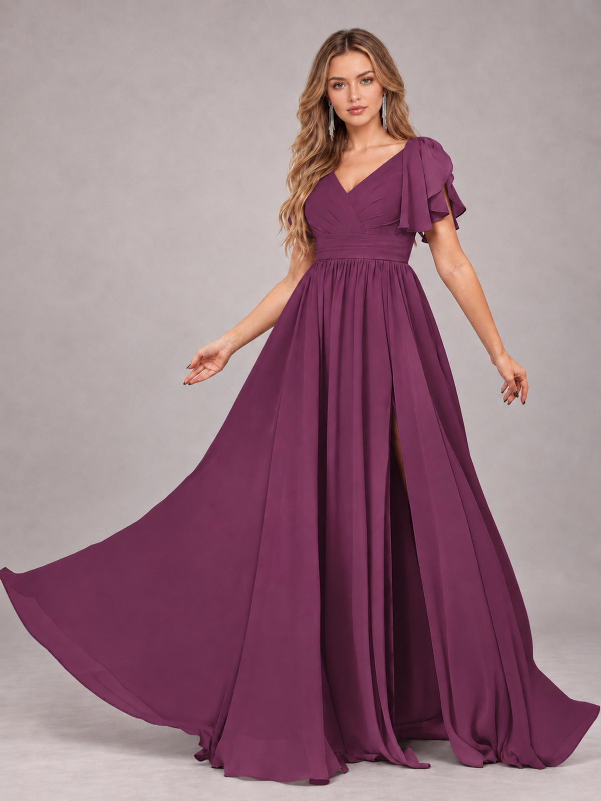 Plum Beautiful BridesmaidV-Neck Lace-Up Back Chiffon Bridesmaid Dress with Slit