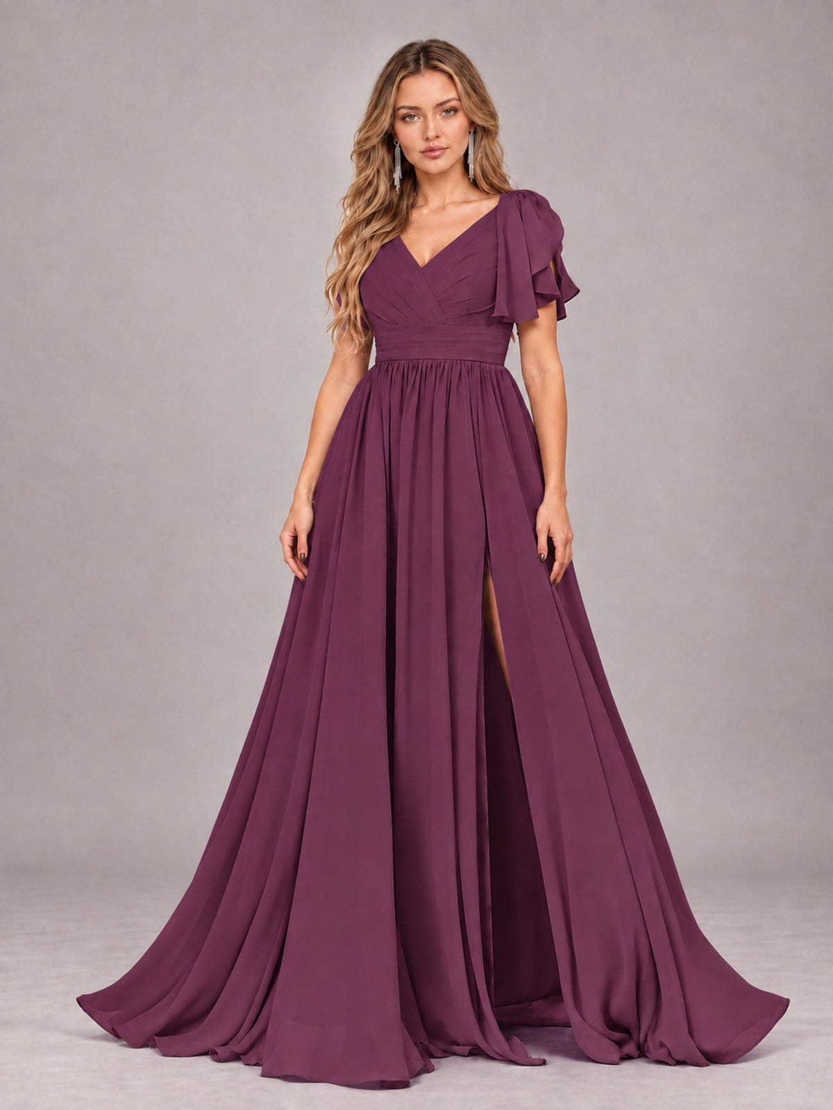Plum Beautiful BridesmaidV-Neck Lace-Up Back Chiffon Bridesmaid Dress with Slit