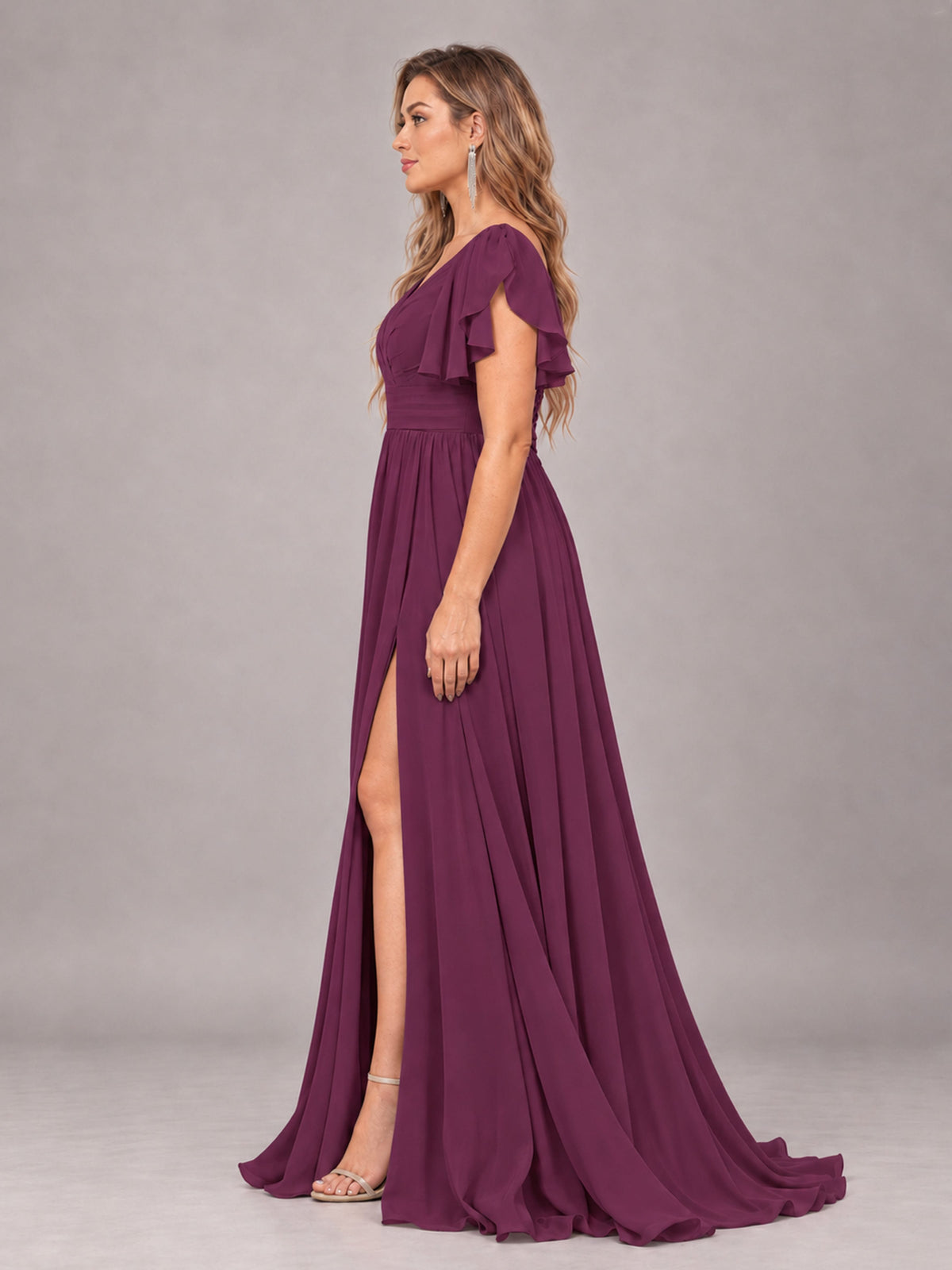 Plum Beautiful BridesmaidV-Neck Lace-Up Back Chiffon Bridesmaid Dress with Slit