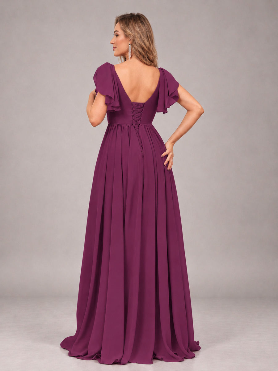 Plum Beautiful BridesmaidV-Neck Lace-Up Back Chiffon Bridesmaid Dress with Slit