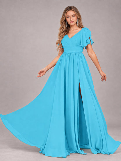Pool Beautiful BridesmaidV-Neck Lace-Up Back Chiffon Bridesmaid Dress with Slit