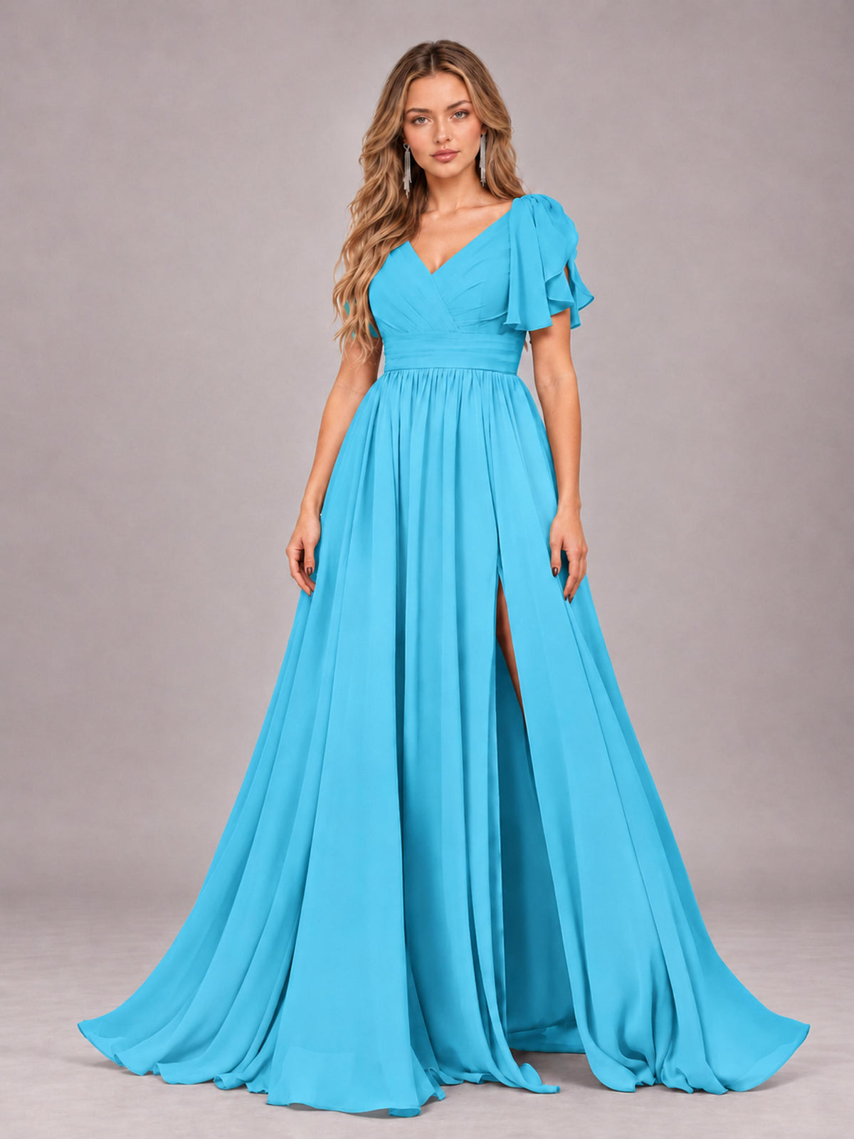 Pool Beautiful BridesmaidV-Neck Lace-Up Back Chiffon Bridesmaid Dress with Slit