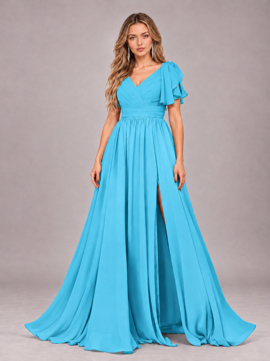 Pool Beautiful BridesmaidV-Neck Lace-Up Back Chiffon Bridesmaid Dress with Slit