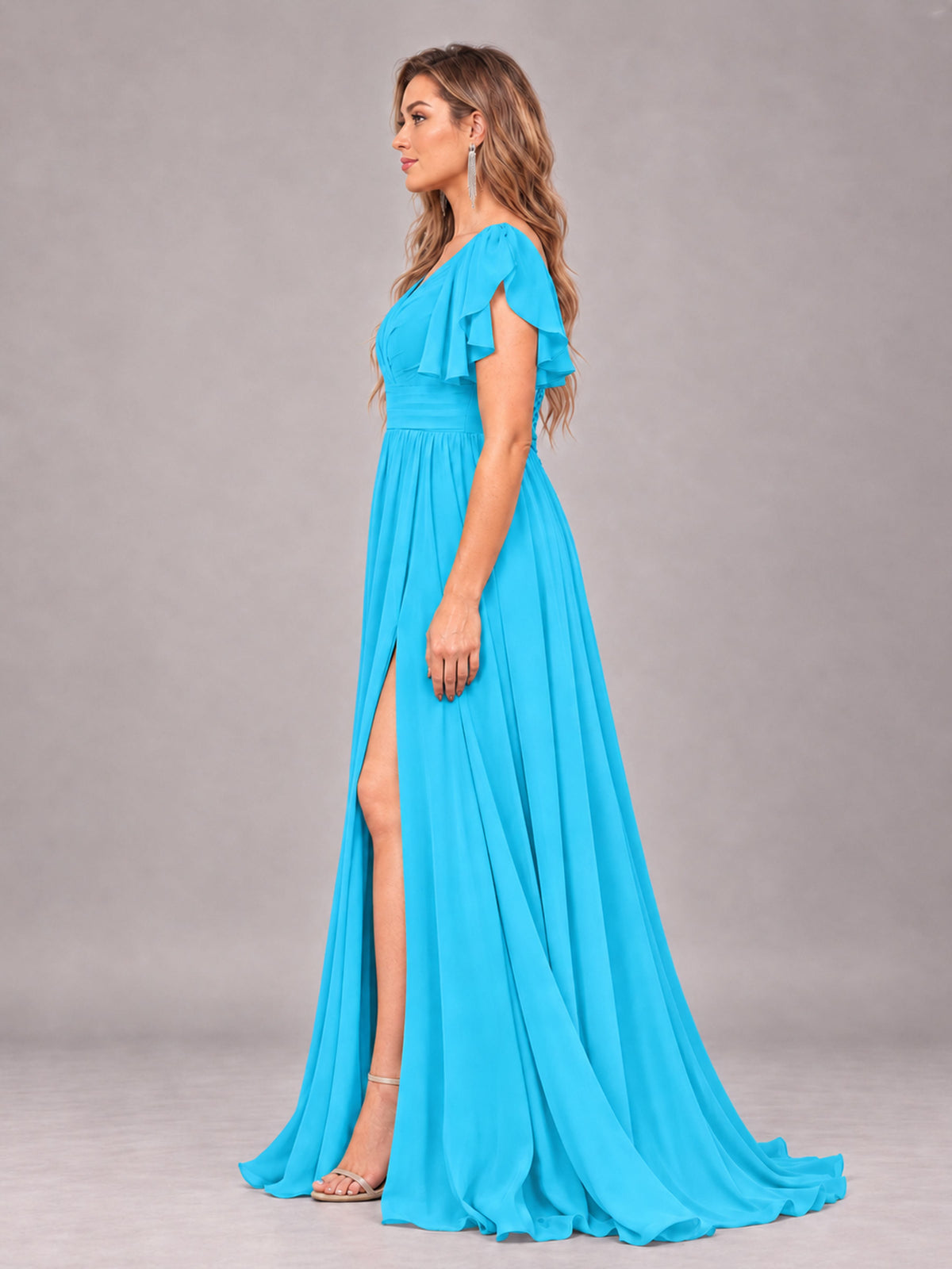 Pool Beautiful BridesmaidV-Neck Lace-Up Back Chiffon Bridesmaid Dress with Slit