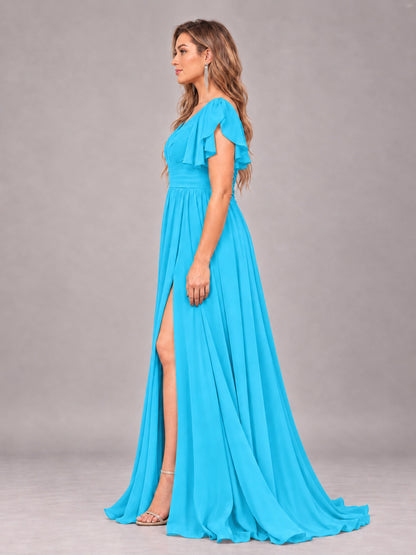 Pool Beautiful BridesmaidV-Neck Lace-Up Back Chiffon Bridesmaid Dress with Slit