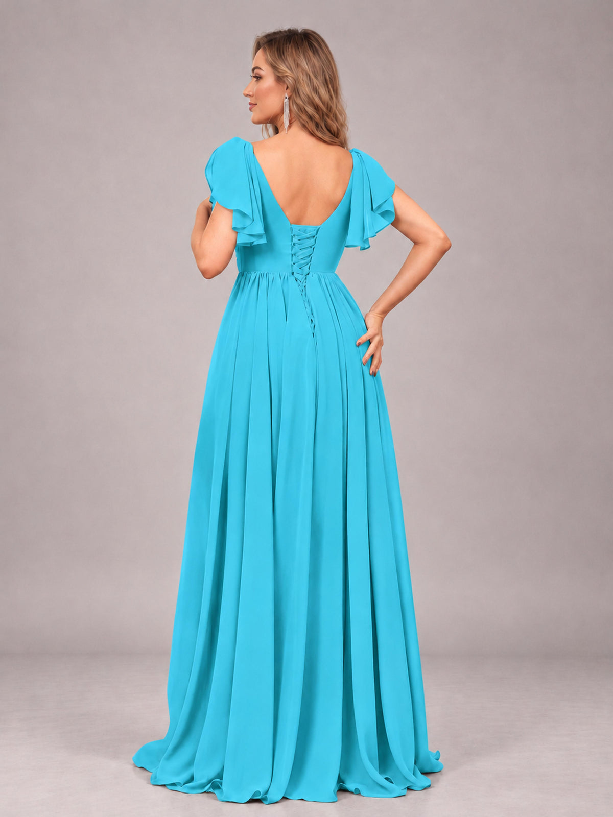 Pool Beautiful BridesmaidV-Neck Lace-Up Back Chiffon Bridesmaid Dress with Slit