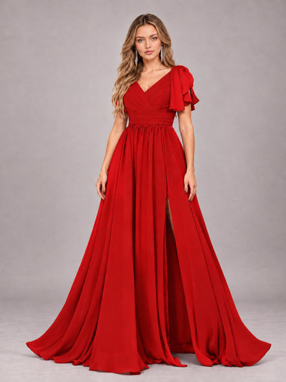 Red Beautiful BridesmaidV-Neck Lace-Up Back Chiffon Bridesmaid Dress with Slit