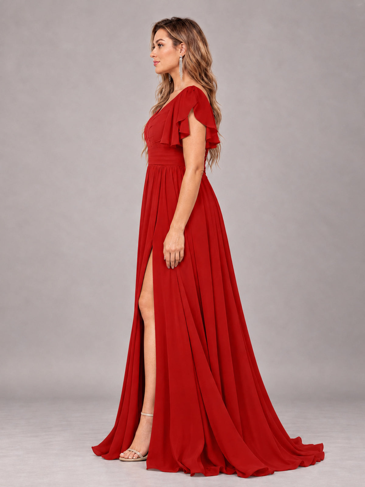 Red Beautiful BridesmaidV-Neck Lace-Up Back Chiffon Bridesmaid Dress with Slit