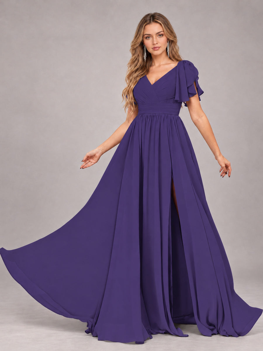 Regency Beautiful BridesmaidV-Neck Lace-Up Back Chiffon Bridesmaid Dress with Slit